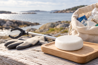 CleanSea cleanup med Lyckåsens doftfria schampokaka på träbricka vid svensk kust och insamlad plast i bakgrunden