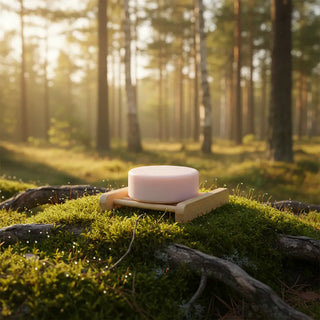 Balsamkaka kamomill på tvålfat mellan trädrötter