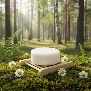 Schampokaka på Tvålfat i Trä med kamomillblommor