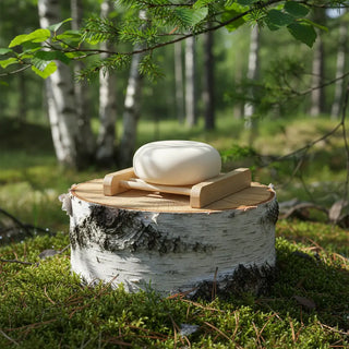 Schampokaka på tvålfat på björkstam