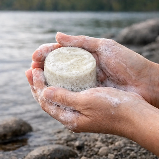 Naturlig Schampokaka Sjögräs från Lyckåsen i händer – vit med svag grön underton